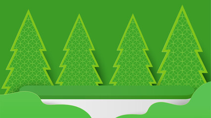 Podium platform and christmas tree on green background. Platform to show product for christmas. Happy new year. Merry Christmas banner