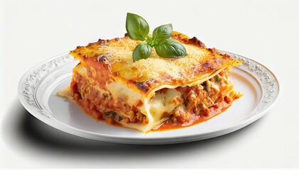 lasagna on white plate on isolated background png generative ai