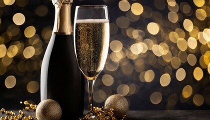 dark festive glass of champagne and bottle on bokeh background