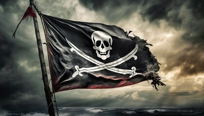 Obraz premium a dramatic photo of a tattered pirate flag waving defiantly against a backdrop of a stormy sky the image symbolizes danger defiance and the rebellious spirit of the pirate life