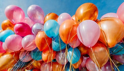 bright shiny multicoloured balloons filled with helium balloon stack of multiple colours pink orange blue and red balloons background