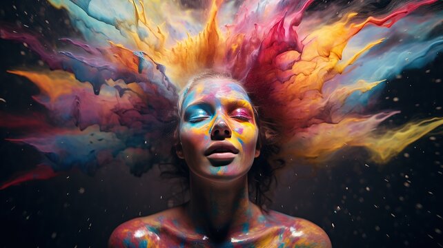 horizontal colourful portrait of a young woman covered up with paint on the face and the body and the colour exploding from her hair AI generated