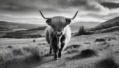 Photo sur Plexiglas Highlander écossais black and white photo of a highland cow in the scottish countryside