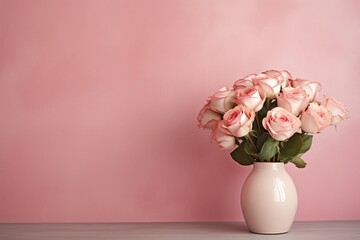 Pink roses in a vase on a table and pink wall background with copy space