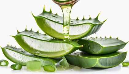 aloe vera gel dripping from sliced pieces isolated on white background