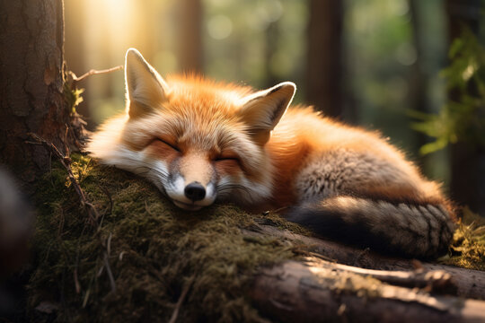 Image of a fox sleeping lying on the ground in the forest. Wildlife Animals.
