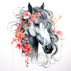 A painting a black horse head with colorful tropical flowers. Wildlife Animals.