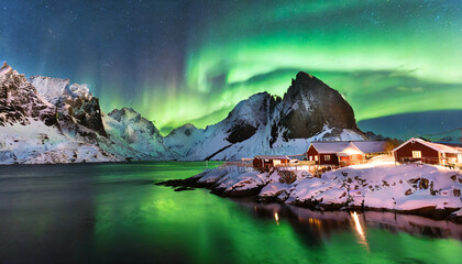 wonderful winter scenery popular touristic destination reine colorful night scene with green northern lights above mountains lofoten islands one of the most wonderfull nature sightseeing in norway