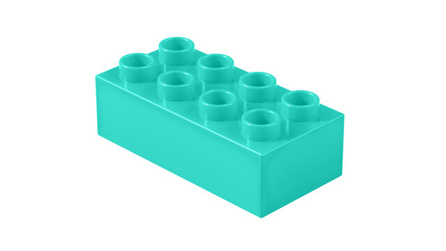 Turquoise Plastic Lego Block Isolated on a White Background. Children Toy Brick, Perspective View. Close Up View of a Game Block for Constructors. 3D illustration. 8K Ultra HD, 7680x4320, 300 dpi