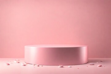 Round pink platform podium with no people on a pink background. Background composition for a presentation of cosmetics or goods