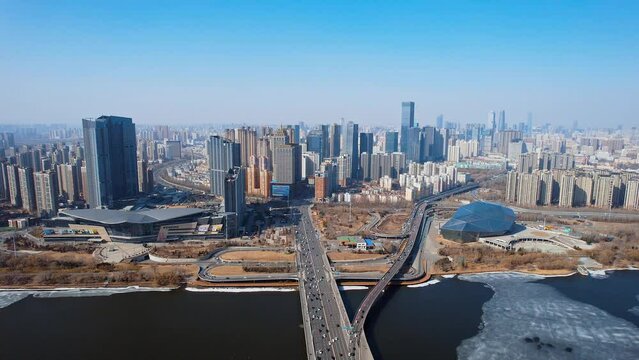 Aerial photography of Shengjing Theater and buildings along the Hun River in Shenyang, Liaoning, China