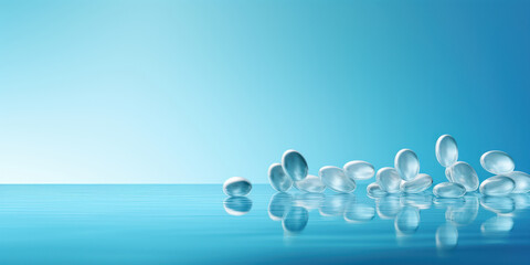 Suspended in a tranquil blue space, vibrant pills cast subtle shadows as they float