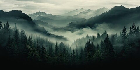 fogy forests and fog with trees and mountains - Powered by Adobe
