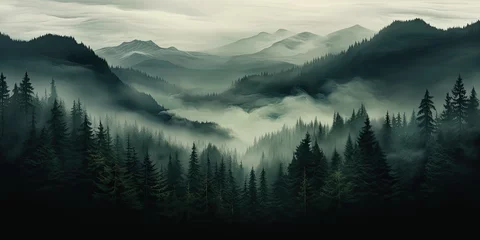 Cercles muraux Alpes fogy forests and fog with trees and mountains