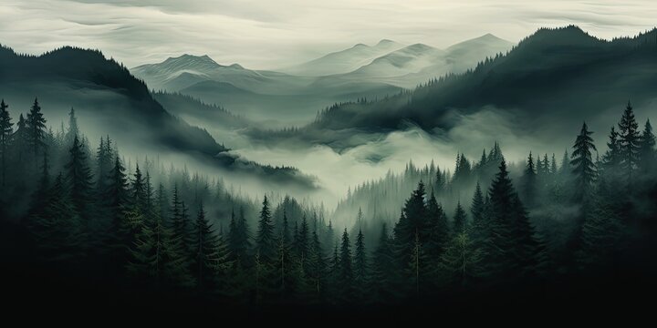 Fototapeta fogy forests and fog with trees and mountains