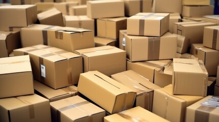 Cardboard boxes with parcels from online stores at the delivery service storehouse. Express delivery with modern accounting and distribution facilities. Optimization storage systems.