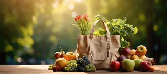 Rolgordijnen fresh fruit, vegetables, shopping bag and shopping list © Photo And Art Panda