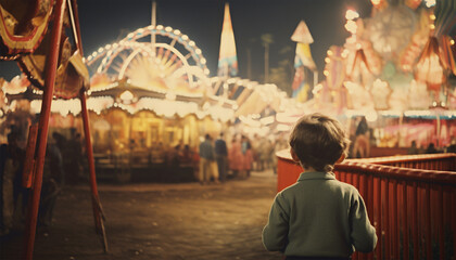 Little boy having fun at a amusement park in the 60s,70s or 80s. Vintage photograph. Happy child on vacation with family on a fair - obrazy, fototapety, plakaty