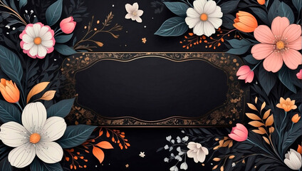 Beautiful black gift card background with flowers and floral pattern. Generated by AI