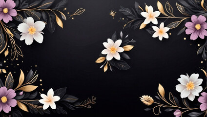 Beautiful black gift card background with flowers and floral pattern. Generated by AI