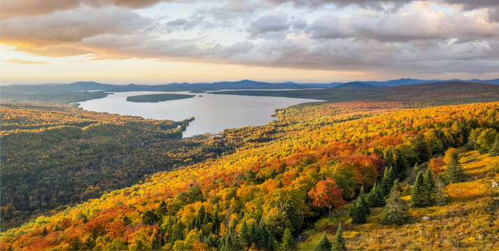 Autumn colors at sunset from the Height of Land overlook on the Rangeley Lakes Scenic Byway - Maine