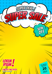 Sale promotion media in captivating comic pop art style. supersale discount, Poster can be used for banners, flyers, outdoor printing, web. Bright vector illustration