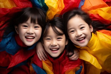 Three Little Asian Girls Piled on Top of Each Other Looking Up at the Camera. Three little girls laying on top of each other looking up