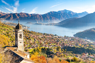 Lake Como photographed from Ossuccio, showing mountains, Bellagio, the town of Ossuccio, and the...