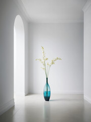 elegante e moderno grande vaso in vetro colorato con semplici fiori in una stanza luminosa, sfondo parete bianca