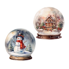 Fototapeta na wymiar Watercolor Christmas snow globe set