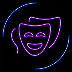 comedy mask neon sign, modern glowing banner design, colorful modern design trends on black background. Vector illustration.