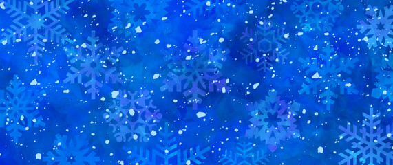 Obraz premium Winter blue vector background with vector snowflakes. Ice. Cold. Frozen water. Hand-drawn watercolor brush strokes. Christmas abstract illustration for background. 