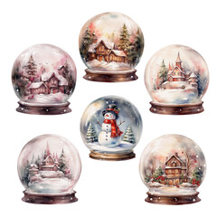 Watercolor Christmas snow globe set