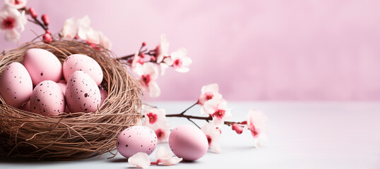 Fototapeta na wymiar Pink Easter eggs in nest on pastel background. Easter composition. Banner, space for text.