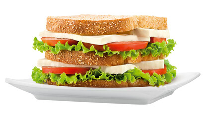 prato com sanduíche de queijo branco, tomate vermelho e salada de alface isolado em fundo...