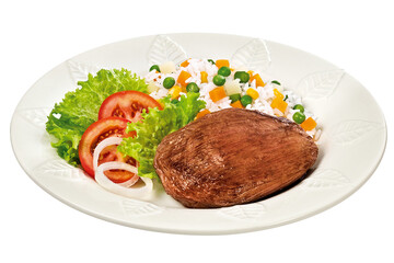 prato com filé mignon grelhado acompanhado de arroz com legumes e salada de alface, tomate e...