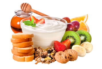 composição de café da manhã com iogurte natural, kiwi, morango, uva, mel, torrada e biscoitos...