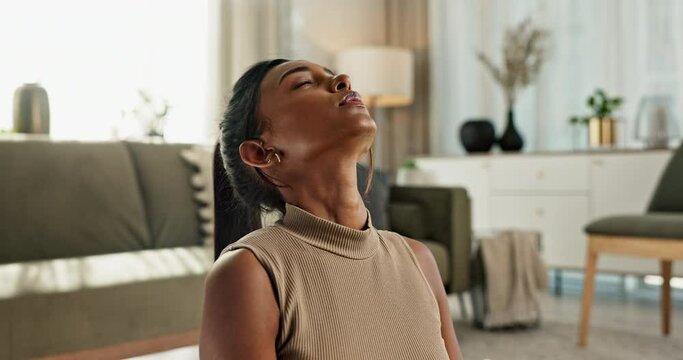 Yoga, breathing or Indian woman in meditation in house or home for wellness, mindfulness or balance. Health, relax or zen female person in pilates for chakra energy, peace or holistic healing