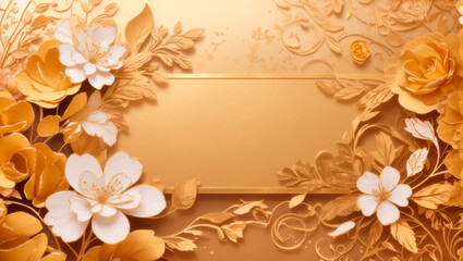 Beautiful golden gift card background with flowers and floral pattern. Generated by AI