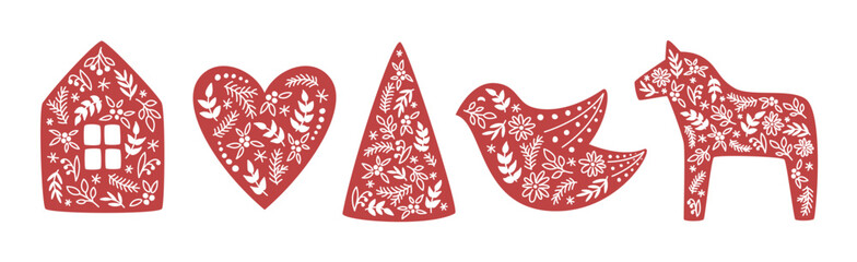 Christmas folk art decorations. Scandinavian retro style holiday decor. Festive Xmas ornament inspired by folk art