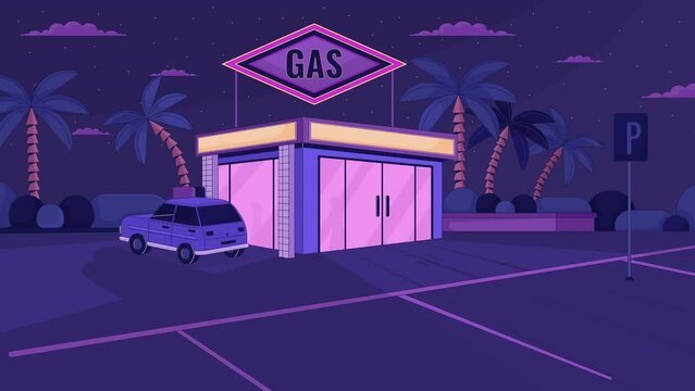Car pulls up to gas station at night lo fi animated cartoon background. Silhouettes inside store 90s retro lofi aesthetic live wallpaper animation. Parking lot chill scene 4K video motion graphic