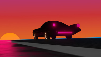 Fototapeta na wymiar Synthwave 80's cyberpunk car, 3D render, Vaporwave retro futuristic car, laser grid, Abstract landscape with sunset, Flyer, EDM, Cover Art, DJ music, Poster, Electro