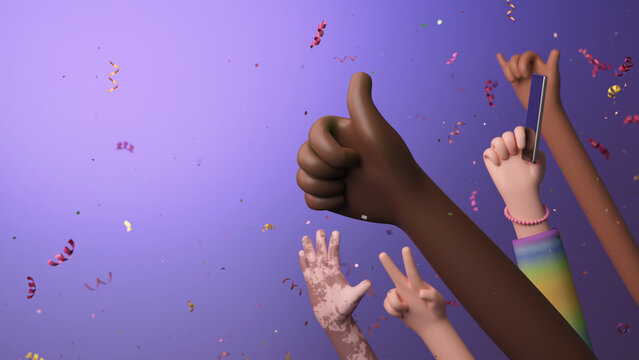 Diverse people join a party and have fun together metaphor for cultural inclusion and equity concept. 3D rendering.