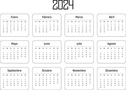 Horizontal spanish calendar for 2024 year. White background. Isolated vector image. Planner template