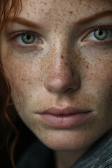 Obraz premium Close up of red haired woman with freckles, ai generated