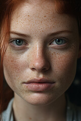 Obraz premium Close up of red haired woman with freckles, ai generated
