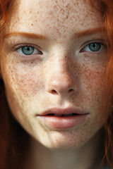 Close up of red haired woman with freckles, ai generated