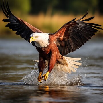 a bald eagle landing on water