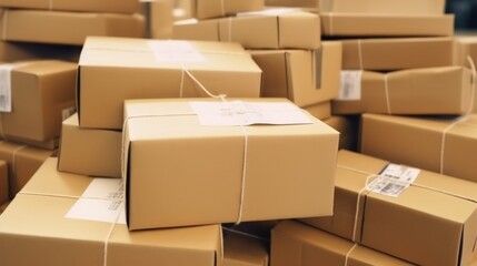 Close-up photo of a cardboard boxes with parcels from online stores in delivery service office. Express delivery with modern accounting and distribution facilities.