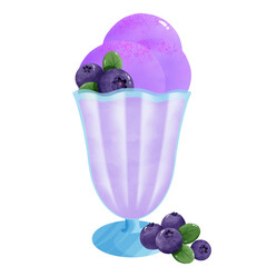 Blueberry ice cream in a glass cup decorated with fresh blueberries